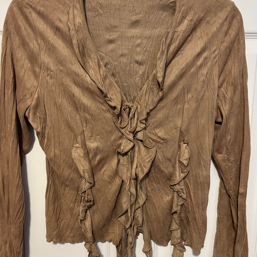Elegant Tan Faux-Suede Ruffle Women's Top